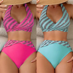 Sequin Striped Bikinis Sexy Swimming Costume High Waist Bathers Swimsuit PQ8474