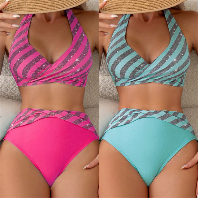 Sequin Striped Bikinis Sexy Swimming Costume High Waist Bathers Swimsuit PQ8474