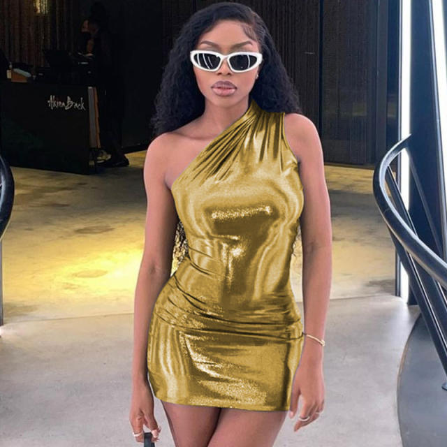 Woman One Shoulder Sexy Clubwear Faux Leather Mini Dress PQ289917