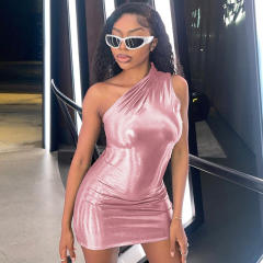 Woman One Shoulder Sexy Clubwear Faux Leather Mini Dress PQ289917