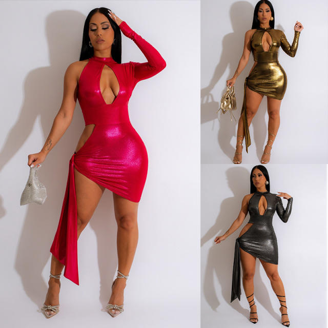 Woman Sexy PVC Clubwear One Sleeve Patent Leather Mini Dress PQ230405