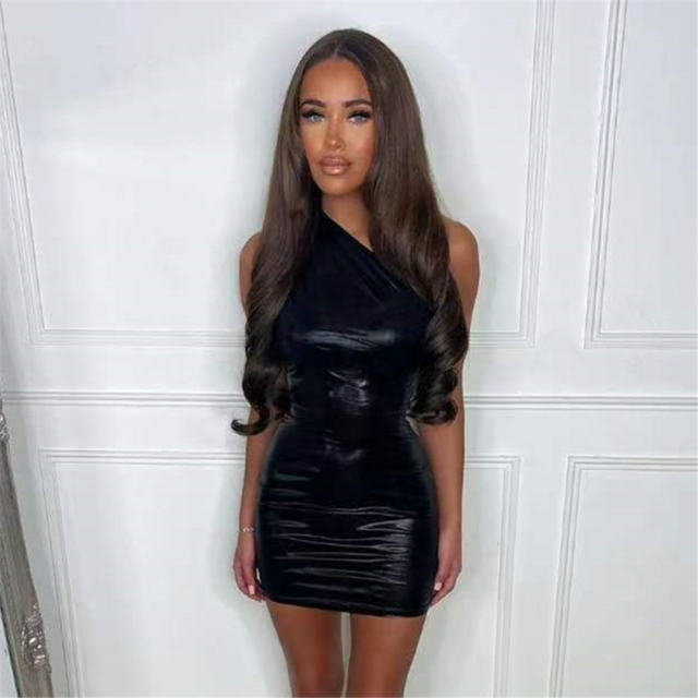 Woman One Shoulder Sexy PVC Clubwear Patent Leather Mini Dress PQ51353