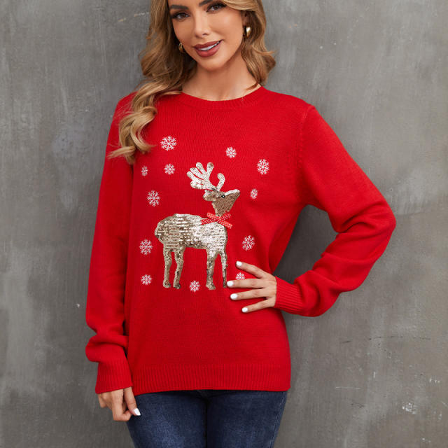 Christmas Sequin Moose Sweaters Women Wholesale Santa T-shirt Xmas Tops PQZH04A