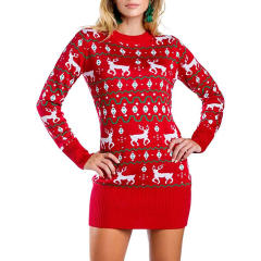 Christmas Elk Mini Dress Women Moose Sweaters Xmas Long Sleeve Tops PQZH04G