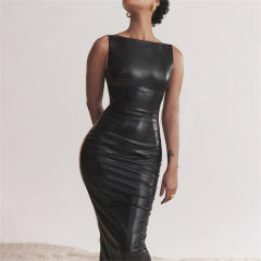 Sexy PU Dress For Woman Faux Leather Long Dresses Club Wear PQ718