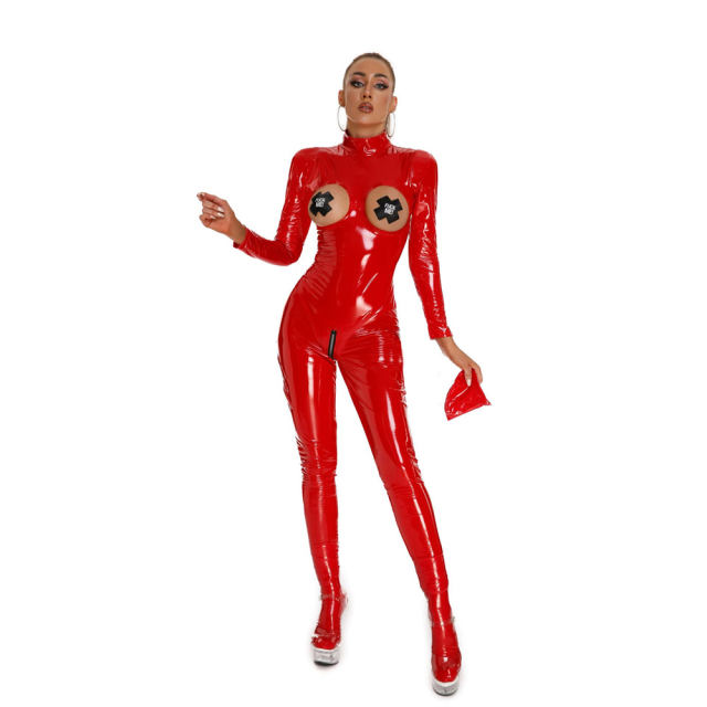 Wholesale Sexy Wetlook Catsuit Faux Leather Jumpsuit Fetish Zentai Women PQ6850