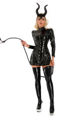 PU Maleficent Costume Woman Black Queen Cosplay Halloween Fancy Dress PQ6883