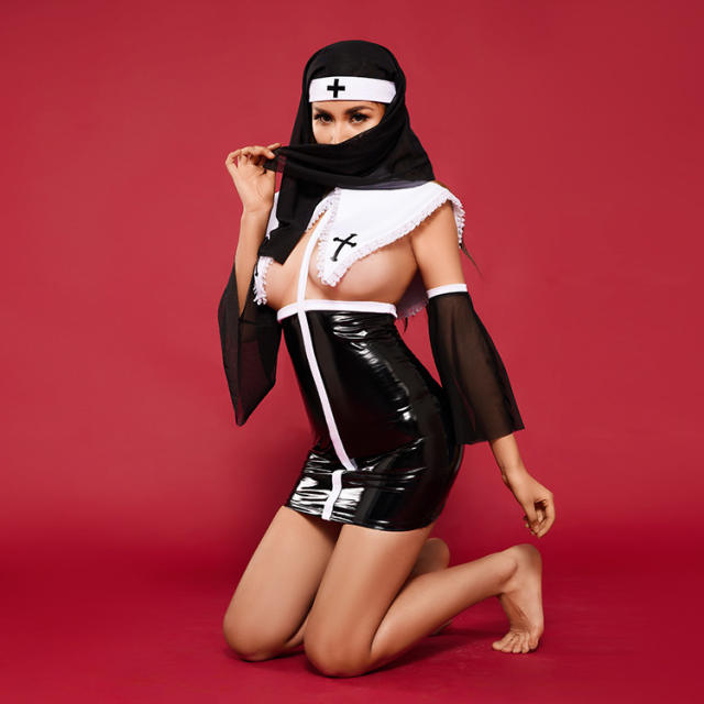 Sexy Faux Leather Nun Costume Halloween Mary Outfit Masquerade Uniform PQ9523