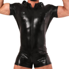 Man Faux Leather Bodysuit DS PU Clubwear Sissy Jumpsuit PQ-N804