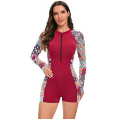 Red Vintage Surf Suit Sport Conservative Wetsuit Floral Swimwear PQ-FR-12