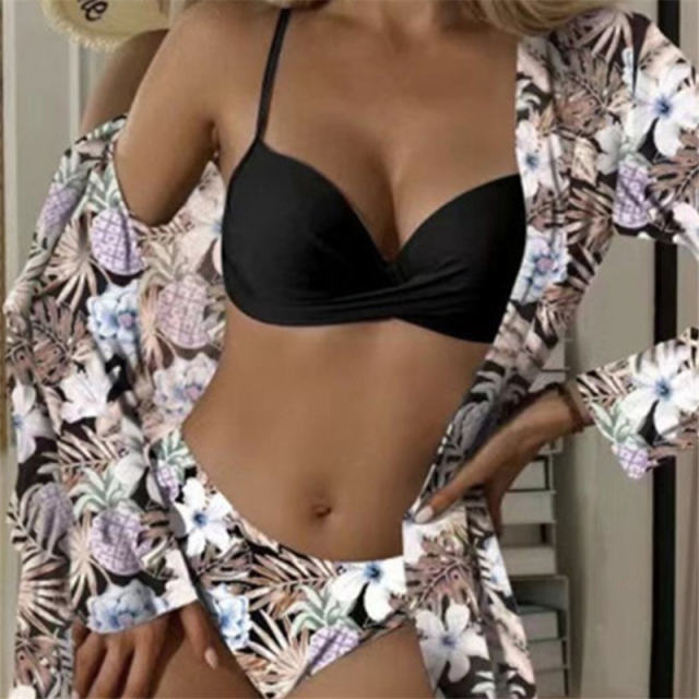 3PCS Floral Swim Wear For Women Vintage Bikini Set with Cover-ups PQ-FRW-03