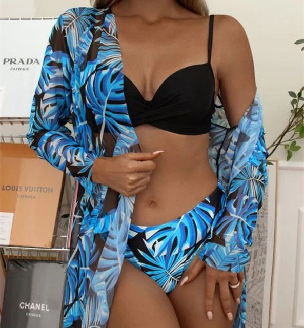 3PCS Floral Swim Wear For Women Vintage Bikini Set with Cover-ups PQ-FRW-03