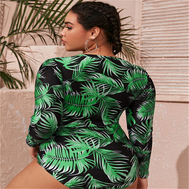Leaf Print One Piece Diving Suits For Women Long Sleeve Surf Suit PQ-S2011