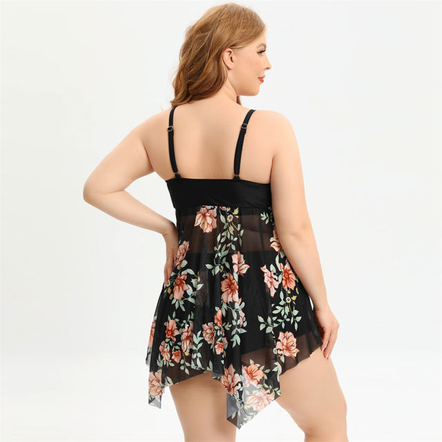 Plus Size Swim Dress Floral Print Tankini Women Mesh Swimsuit PQ222048
