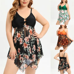 Plus Size Swim Dress Floral Print Tankini Women Mesh Swimsuit PQ222048