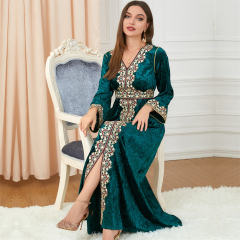 Muslim Evening Dress For Women Embroidered Gold Velvet Dresses PQ3258