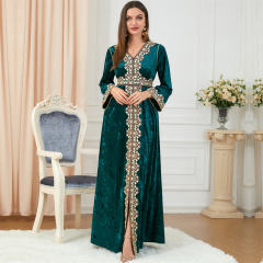 Muslim Evening Dress For Women Embroidered Gold Velvet Dresses PQ3258