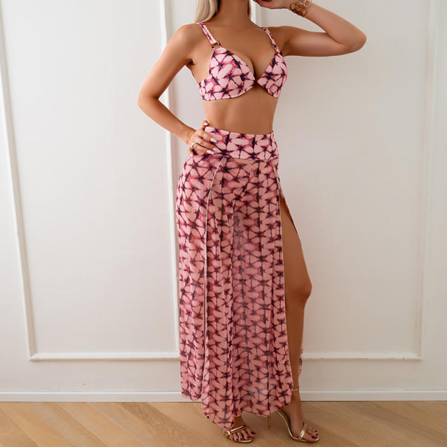 3PCS Push Up Bikinis With Skirt Wholesale Women Halter Swimwear PQ2419