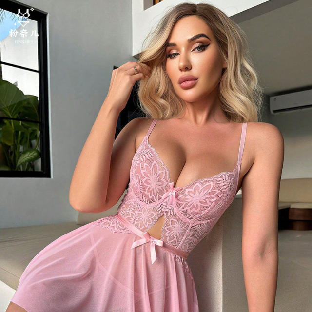 Women Mesh Babydoll Lingerie Wholesale Lace Sleepwear Sexy Night Dress PQ5205