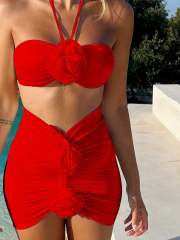 3PCS Floral Bikinis With Skirt Wholesale Women Bandeau Swimwear PQ1664