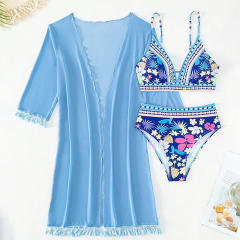 3PCS Wholesale Bikini Sets with Smock Women Digital Print Swimwear PQ1702