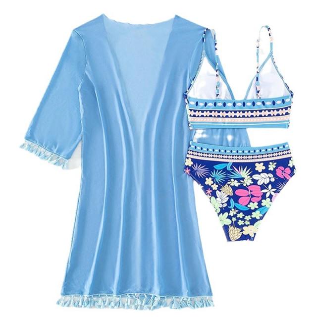 3PCS Wholesale Bikini Sets with Smock Women Digital Print Swimwear PQ1702