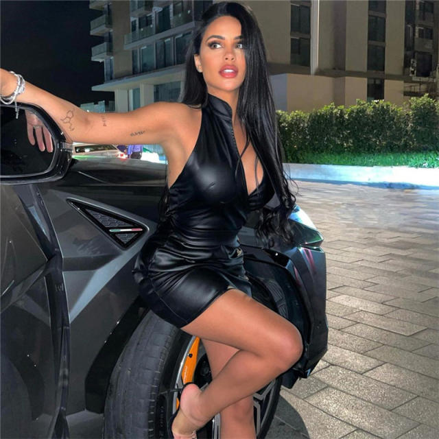 Halter Mini Dresses For Women Faux Leather V-neck Bodycon Dress PQ8401
