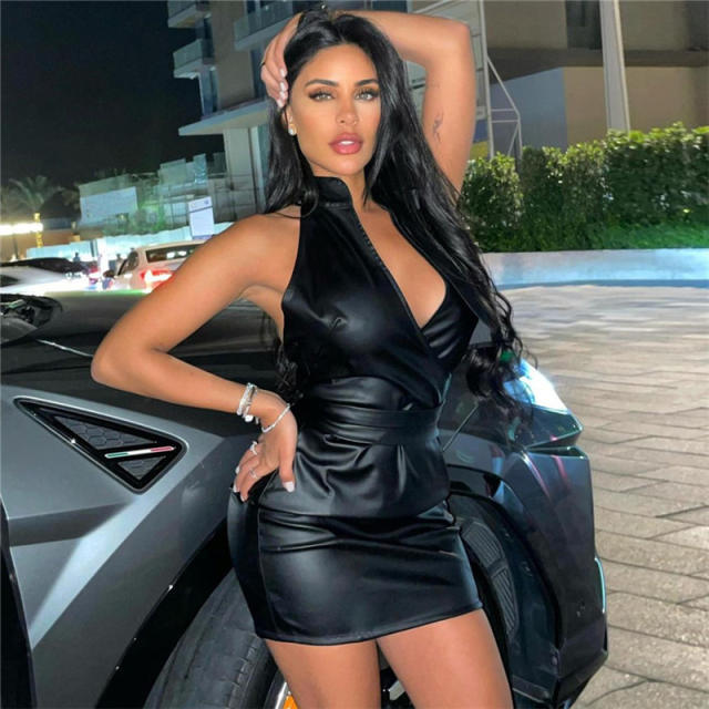 Halter Mini Dresses For Women Faux Leather V-neck Bodycon Dress PQ8401