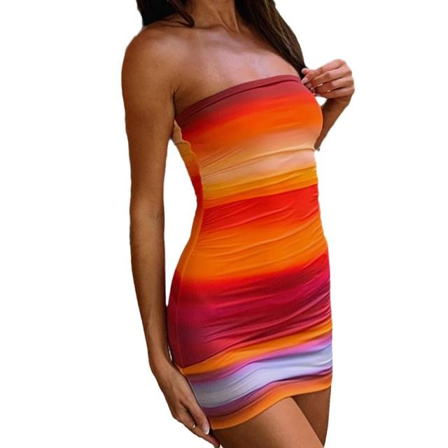 Rainbow Print Club Dress Wholesale Off Shoulder Mini Dresses For Women PQ15711