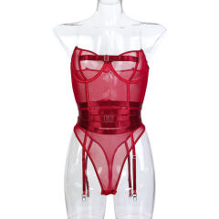 Women Red Sexy Bandage Teddies Lingerie Wholesale Mesh Underwear PQ3157