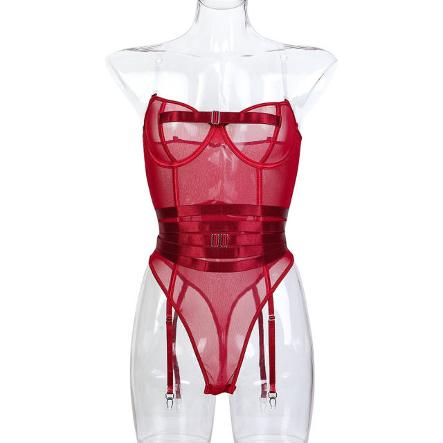 Women Red Sexy Bandage Teddies Lingerie Wholesale Mesh Underwear PQ3157