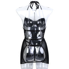 Mesh Mini Dresses For Women Faux Leather Halter Bodycon Dress PQ3619