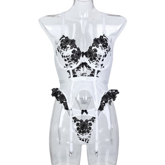 3PCS Wholesale Sexy Embroidery Teddy Lingerie Mesh Bodysuit For Women PQ3576