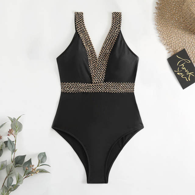 Wholesale V-neck Retro Beach Wear Vintage One Piece Swimsuit PQ38010