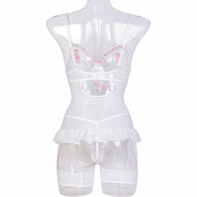 4PCS Embroidery Teddy Lingerie For Women Wholesale Mesh Bodysuit PQ3601