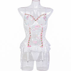 4PCS Embroidery Teddy Lingerie For Women Wholesale Mesh Bodysuit PQ3601