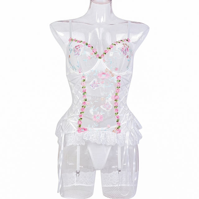 4PCS Embroidery Teddy Lingerie For Women Wholesale Mesh Bodysuit PQ3601