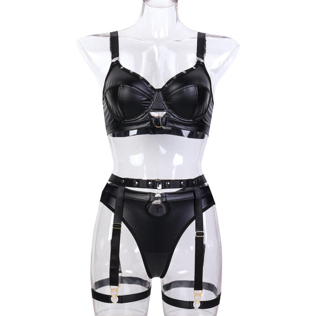 Steampunk PU Bra Sets Women Wholesale Faux Leather Lingerie PQ3362