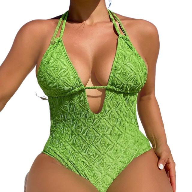 Wholesale Solid Color Swimwear V-neck Beach Wear Halter One Piece Swimsuit PQ235285