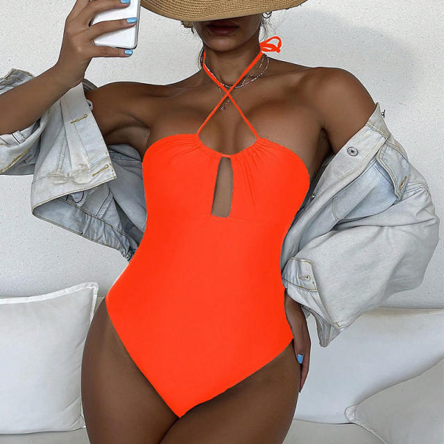 Wholesale Solid Color Swimwear Halter Monokini One Piece Swimsuit PQ-YQ0806