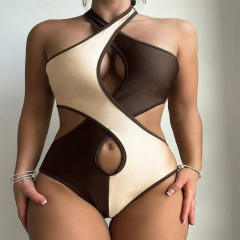 Contrasting Colors Swimwear Halter Monokini One Piece Swimsuit PQ240067