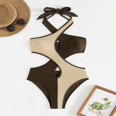Contrasting Colors Swimwear Halter Monokini One Piece Swimsuit PQ240067