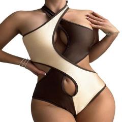 Contrasting Colors Swimwear Halter Monokini One Piece Swimsuit PQ240067