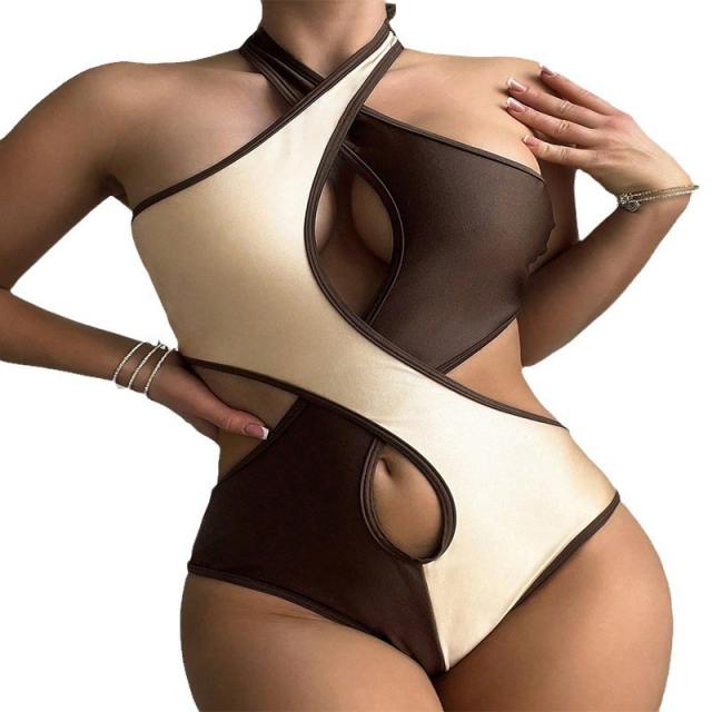 Contrasting Colors Swimwear Halter Monokini One Piece Swimsuit PQ240067