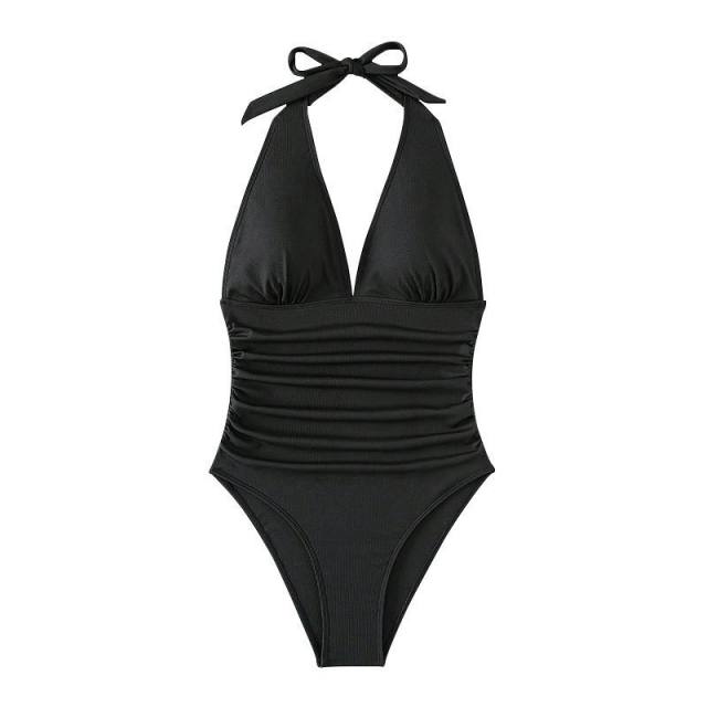 Vintage V-neck Swimwear Womens Halter Monokini One Piece Swimsuit PQ8629