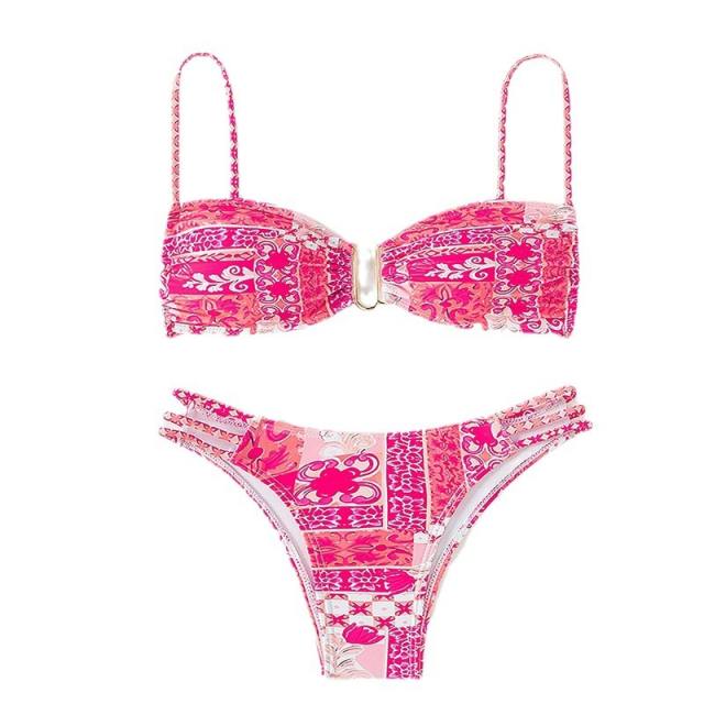 Wholesale Digital Print Bikinis For Women Low Waist Bandeau Swimwear PQ2419