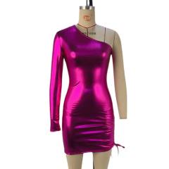 Patent Leather Sexy Dresses One Sleeve Midi Dress For Women PQ14669
