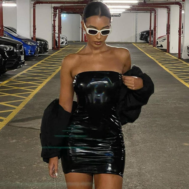 Off Shoulder Sexy PU Club Dress Women Faux Leather Mini Dresses PQ14114