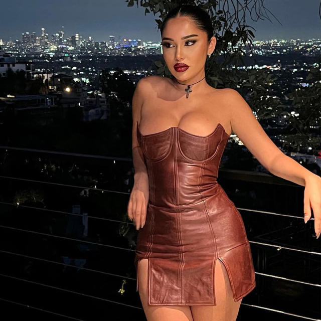 PU Off Shoulder Clubwear Women Faux Leather Mini Dress PQ13532