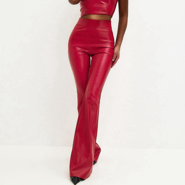 Women Faux Leather Flared Pants DS PU Trousers Steampunk Leggings PQ14741